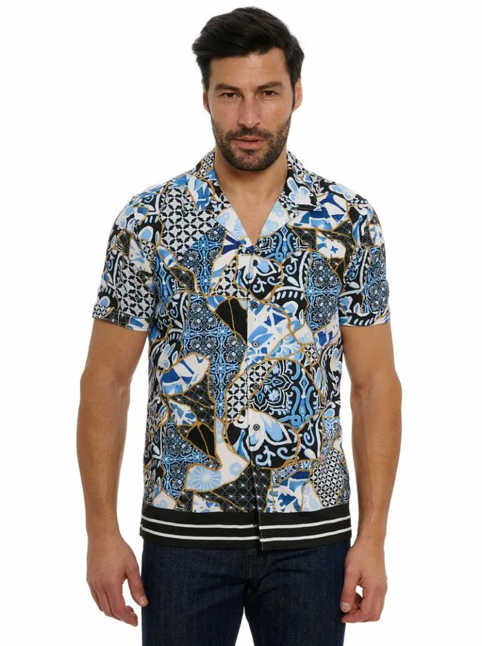 Men Robert Graham Button Down Shirts Kintsugi Short Sleeve Button Down Shirt Blue