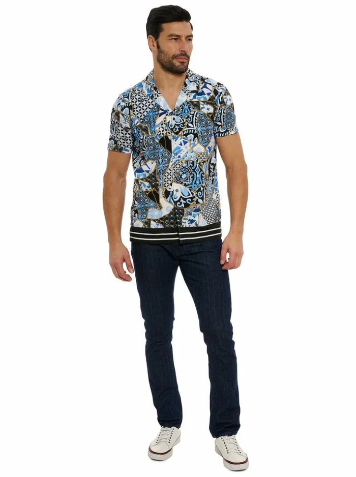Men Robert Graham Button Down Shirts Kintsugi Short Sleeve Button Down Shirt Blue