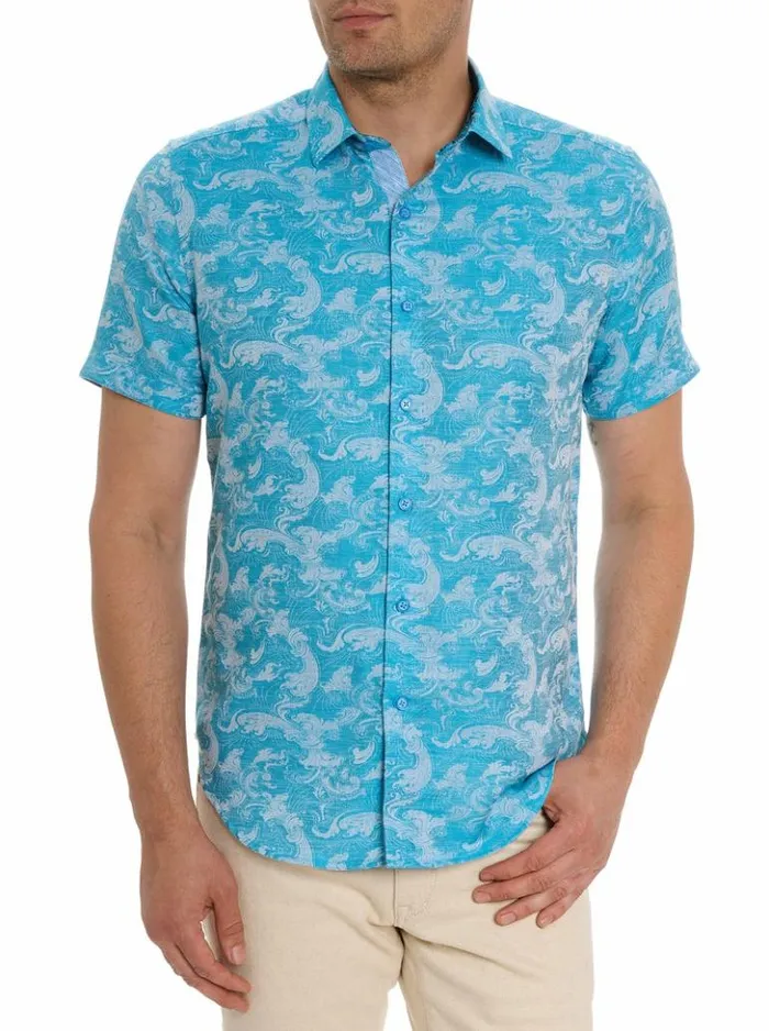 Men Robert Graham Button Down Shirts Poseidon Short Sleeve Button Down Shirt Turquoise Men Robert Graham Button Down Shirts Poseidon Short Sleeve Button Down Shirt Turquoise