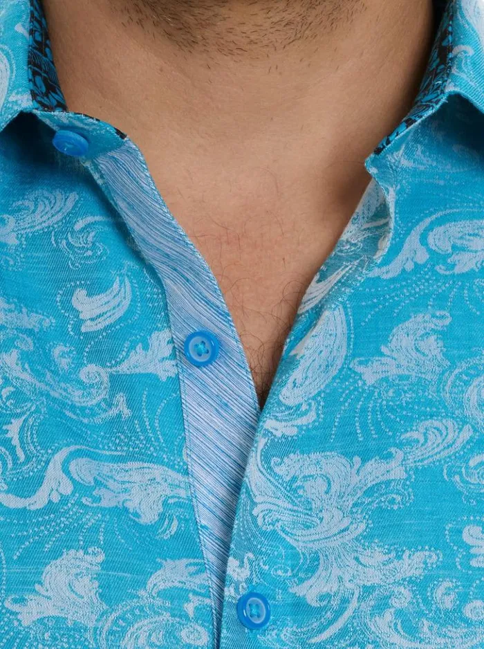 Men Robert Graham Button Down Shirts Poseidon Short Sleeve Button Down Shirt Turquoise