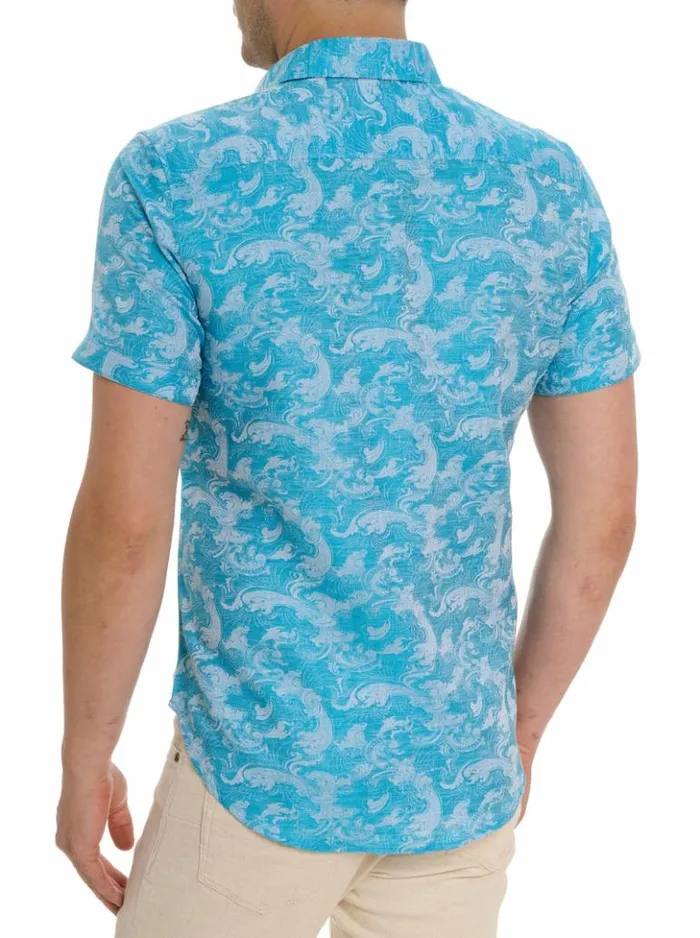 Men Robert Graham Button Down Shirts Poseidon Short Sleeve Button Down Shirt Turquoise