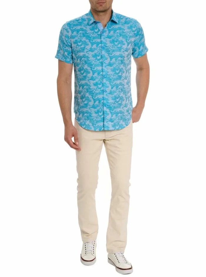 Men Robert Graham Button Down Shirts Poseidon Short Sleeve Button Down Shirt Turquoise