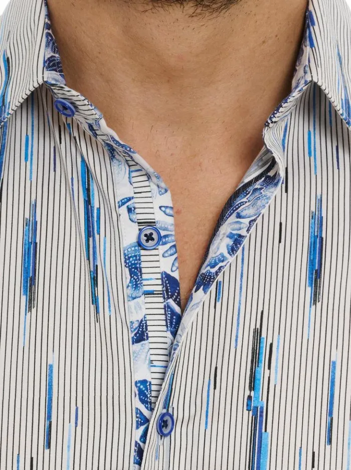 Men Robert Graham Button Down Shirts Shipping Lines Short Sleeve Button Down Shirt Blue