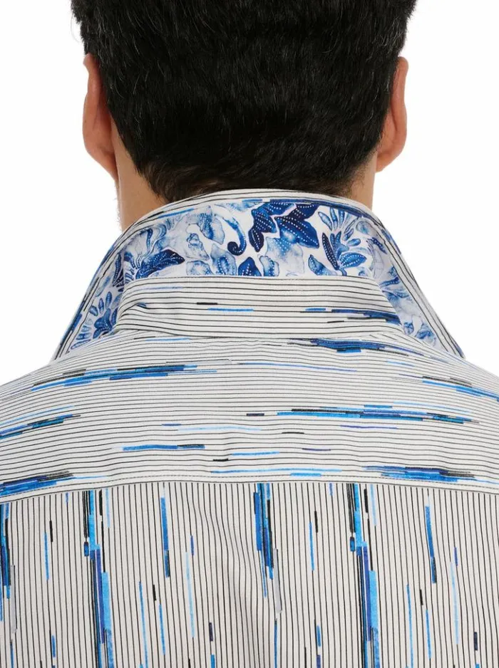 Men Robert Graham Button Down Shirts Shipping Lines Short Sleeve Button Down Shirt Blue