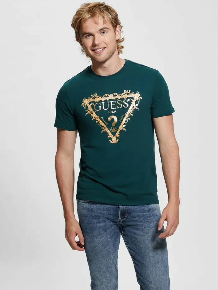 Men TShirts and Tanks GUESS Logo TriScroll Tee Dark Jade