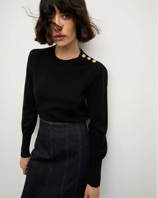 Nelia Cashmere Pullover Button Accent Black Women Veronica Beard Sweaters