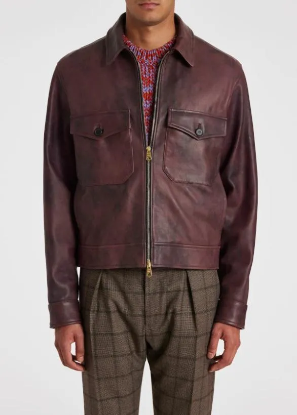 Paul Smith Coats and Jackets HandPainted Leather Jacket Burgundy 8211 Mens