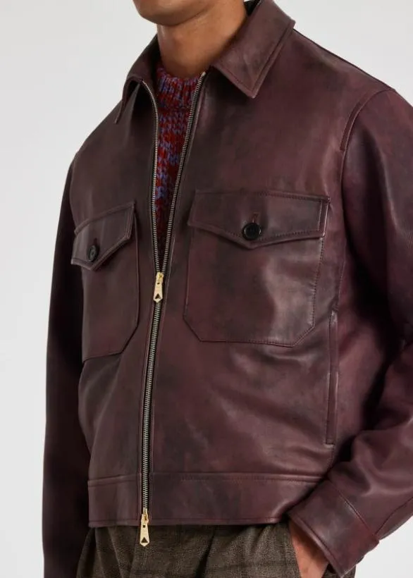 Paul Smith Coats and Jackets HandPainted Leather Jacket Burgundy 8211 Mens