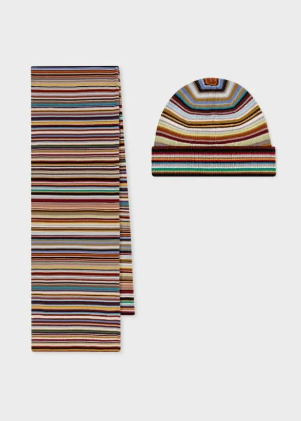 Paul Smith Hats and Gloves 039Signature Stripe039 Merino Wool Beanie Hat and Scarf Gift Set Signature Stripe 8211 Mens