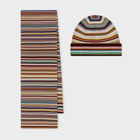Paul Smith Hats and Gloves 039Signature Stripe039 Merino Wool Beanie Hat and Scarf Gift Set Signature Stripe 8211 Mens