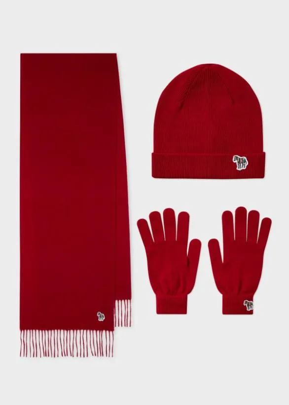 Paul Smith Hats and Gloves 039Zebra039 Hat Gloves and Scarf Gift Set Red 8211 Mens