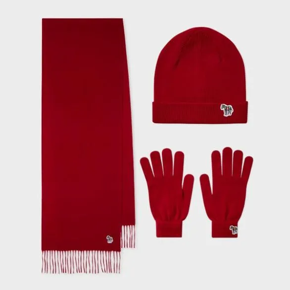 Paul Smith Hats and Gloves 039Zebra039 Hat Gloves and Scarf Gift Set Red 8211 Mens