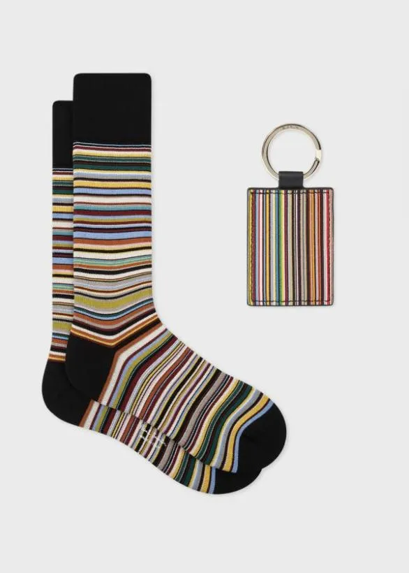 Paul Smith Jewellery and Keyrings 039Signature Stripe039 Socks and Keyring Gift Set Signature Stripe 8211 Mens