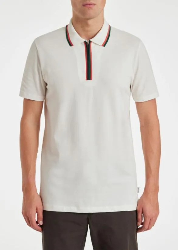 Paul Smith Polo Shirts Zip Neck StretchCotton Polo Shirt Ecru 8211 Mens