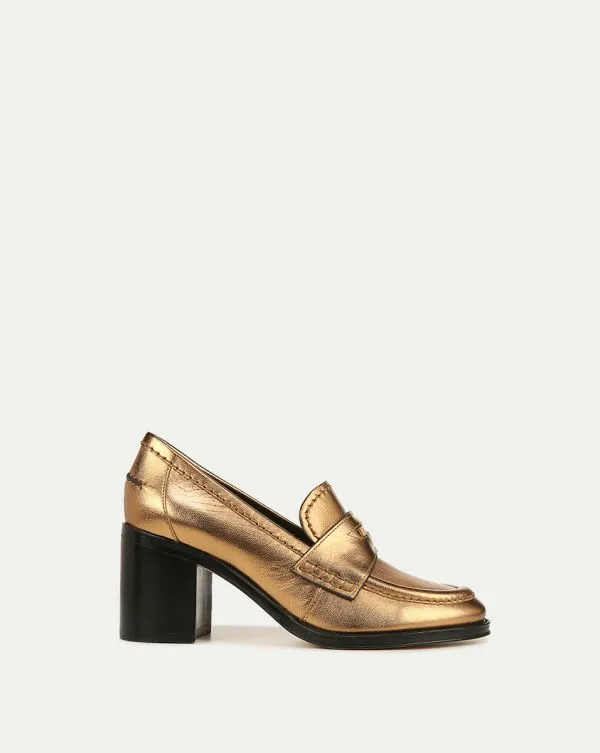 Penny Leather Loafer Heel Gold Women Veronica Beard Shoes