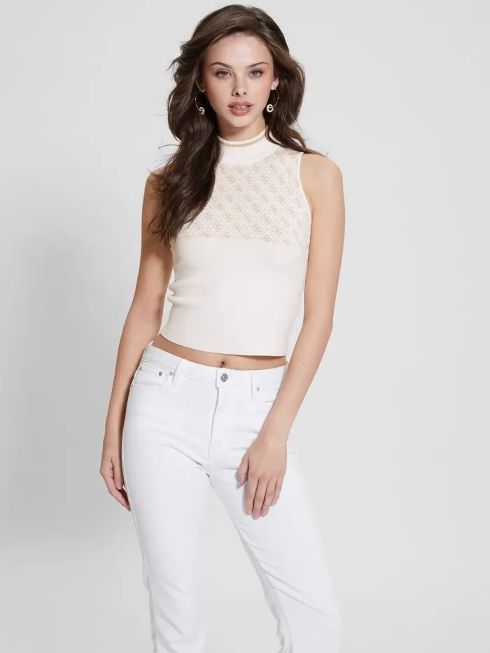 Quattro G Logo Turtleneck Top Irish And Cream Combo Tops GUESS Women Quattro G Logo Turtleneck Top Irish And Cream Combo Tops GUESS Women