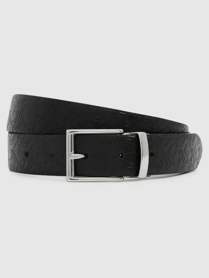 REISS Belts Men Leather Reversible Logo Debossed Belt Black