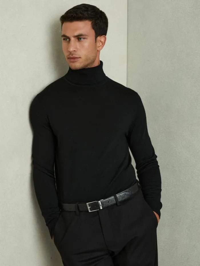 REISS Belts Men Leather Reversible Logo Debossed Belt Black