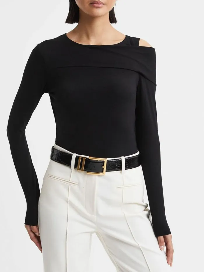 REISS Belts Women Patent Leather Crocodile Design Belt Black
