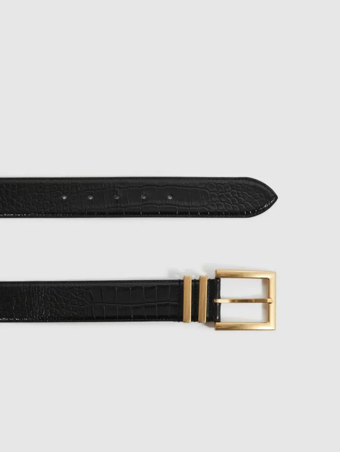 REISS Belts Women Patent Leather Crocodile Design Belt Black
