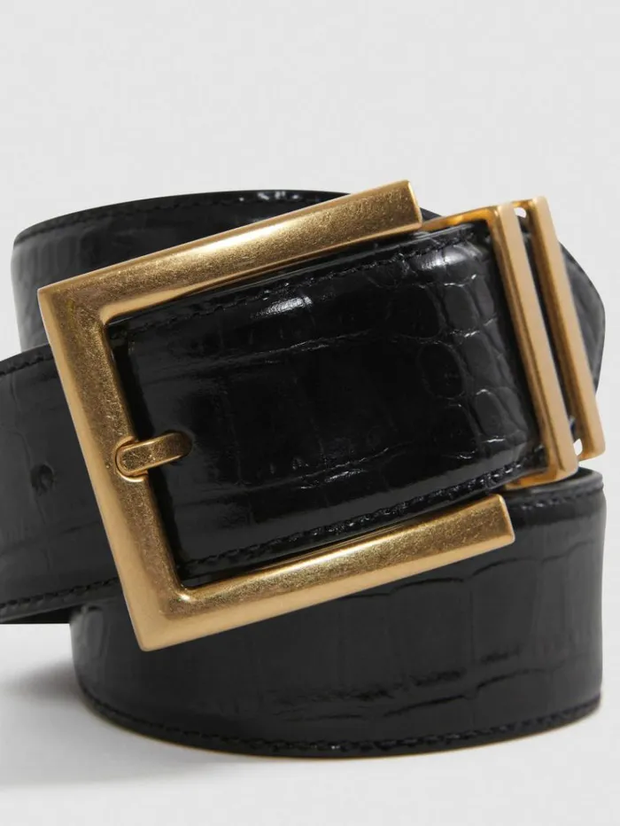 REISS Belts Women Patent Leather Crocodile Design Belt Black
