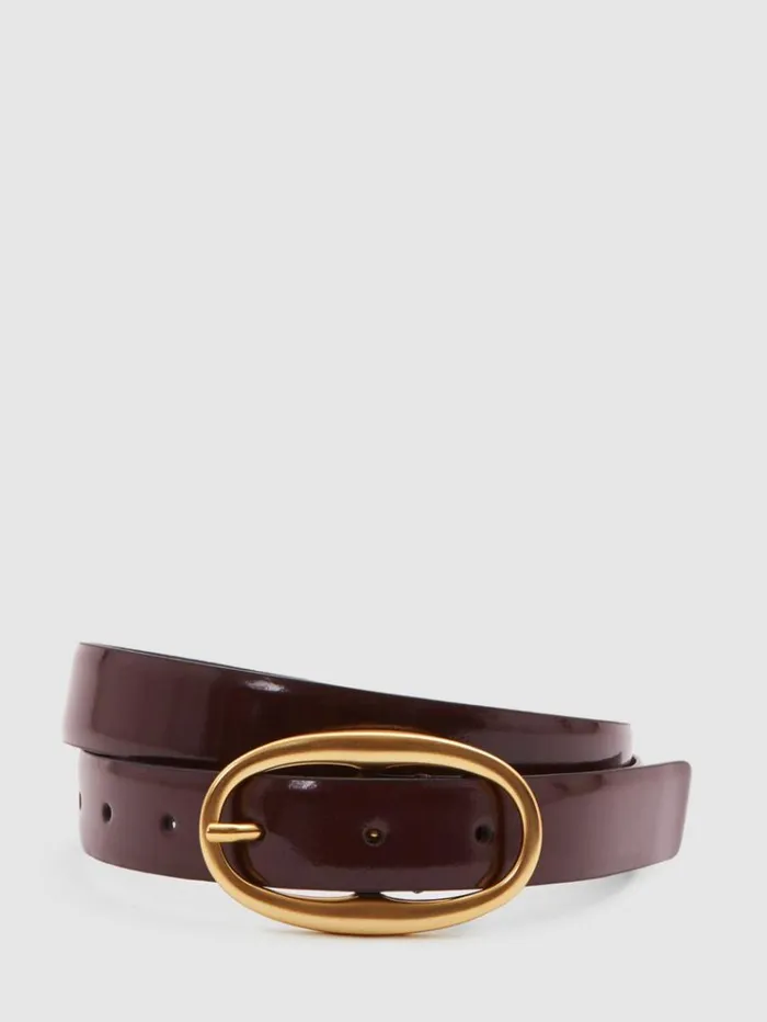 REISS Belts Women Patent Leather Oval Buckle Belt Oxblood
