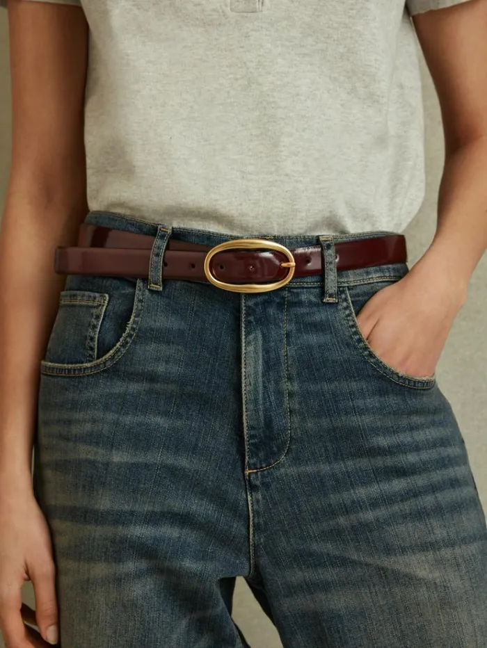 REISS Belts Women Patent Leather Oval Buckle Belt Oxblood