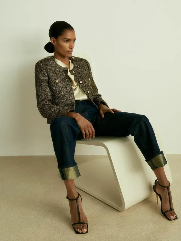 REISS Blazers and Jackets Women Metallic Knit Cropped Jacket Gold