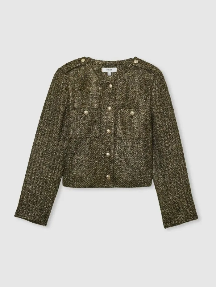 REISS Blazers and Jackets Women Metallic Knit Cropped Jacket Gold
