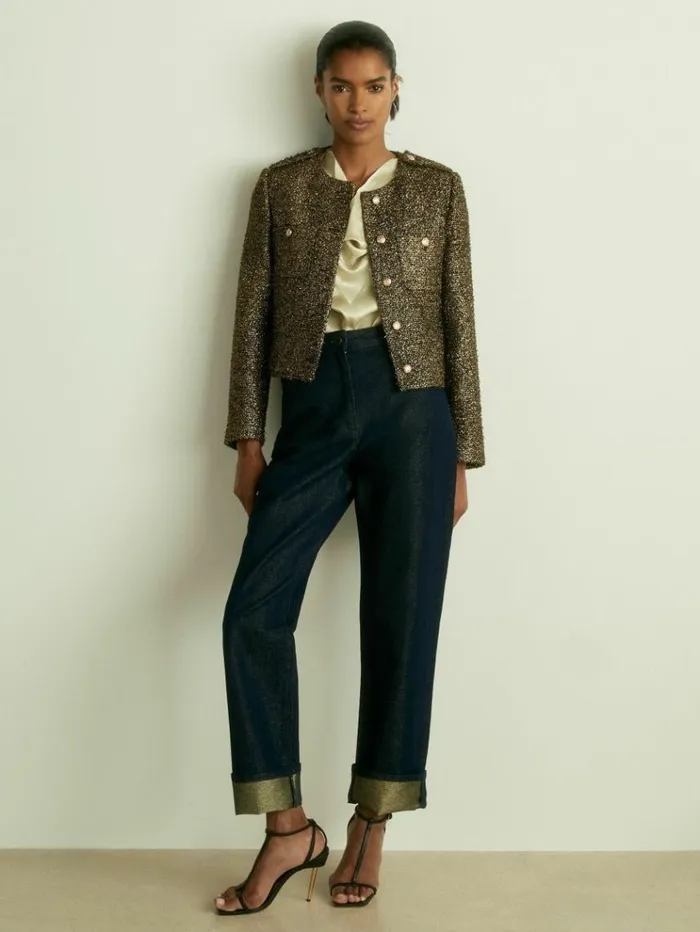 REISS Blazers and Jackets Women Metallic Knit Cropped Jacket Gold