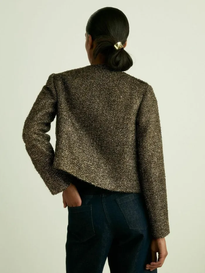 REISS Blazers and Jackets Women Metallic Knit Cropped Jacket Gold