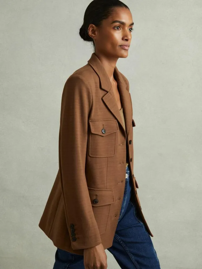 REISS Blazers and Jackets Women Ponte ButtonThrough Overshirt Dark Camel