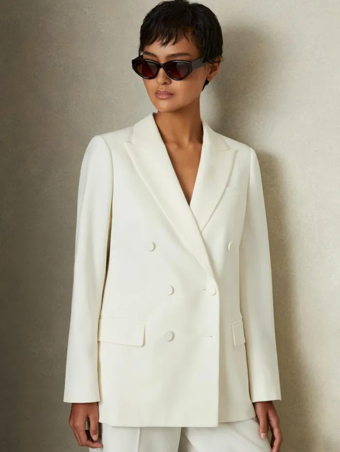 REISS Blazers and Jackets Women Wool Blend Double Breasted Tux Blazer White