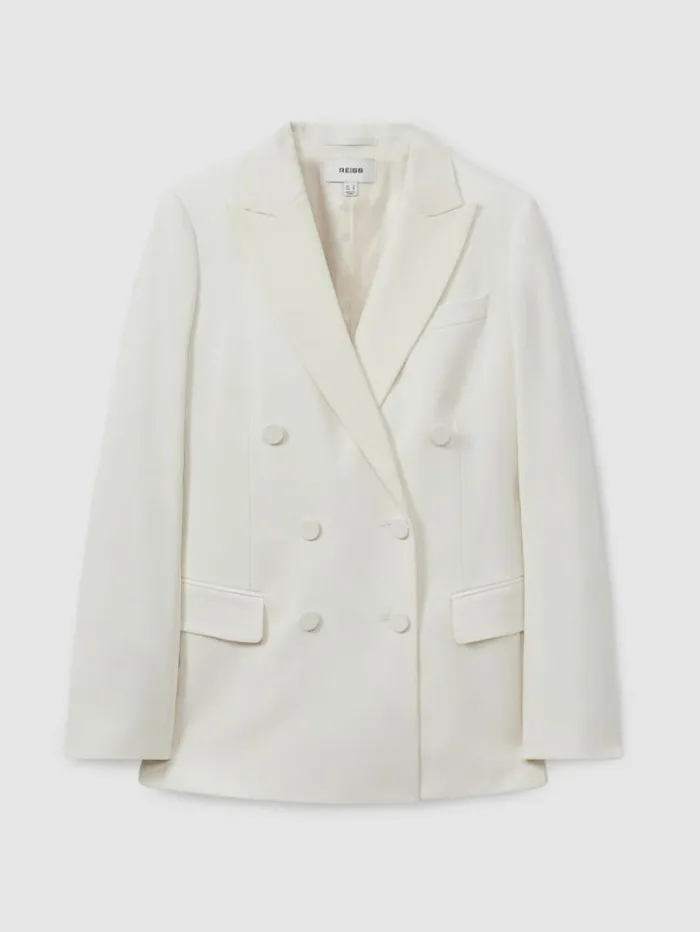 REISS Blazers and Jackets Women Wool Blend Double Breasted Tux Blazer White