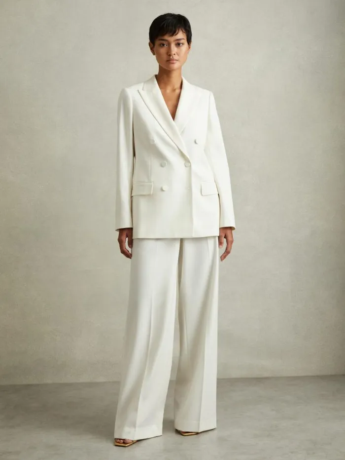 REISS Blazers and Jackets Women Wool Blend Double Breasted Tux Blazer White