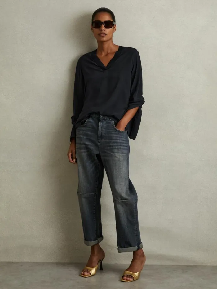 REISS Blouses and Shirts Women Relaxed HighLow VNeck Top Navy