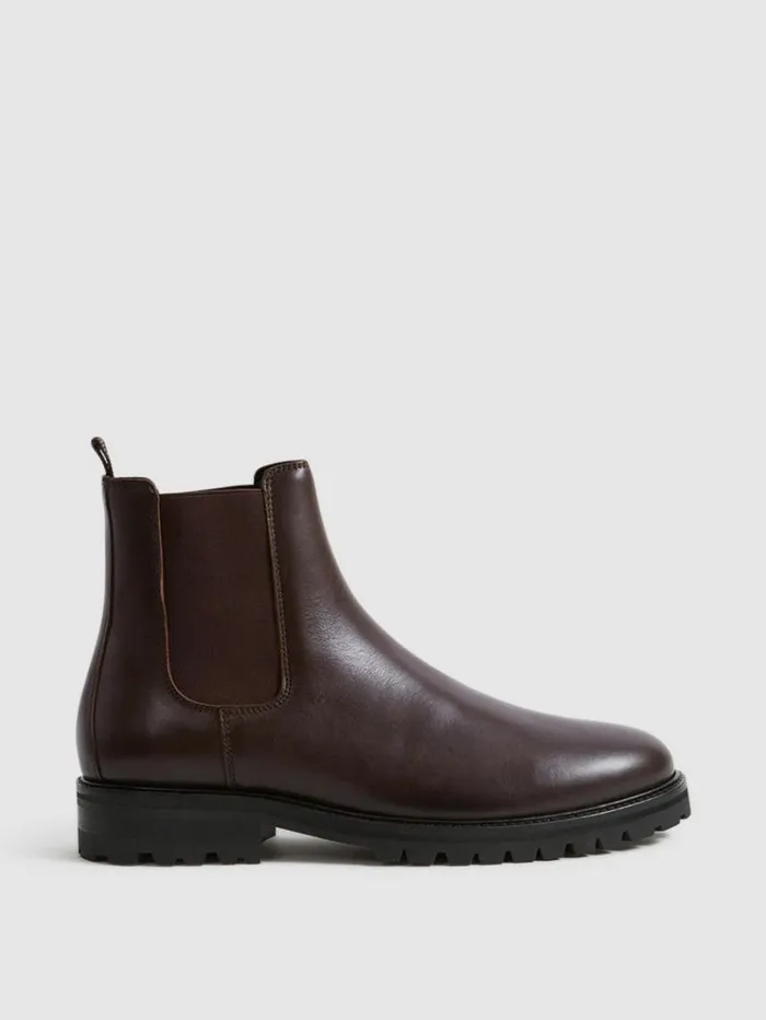 REISS Boots Men Leather Chelsea Boots Chocolate
