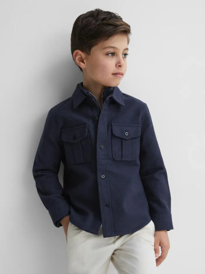 REISS Coats and Jackets Children Brushed Cotton Patch Pocket Overshirt Eclipse Blue