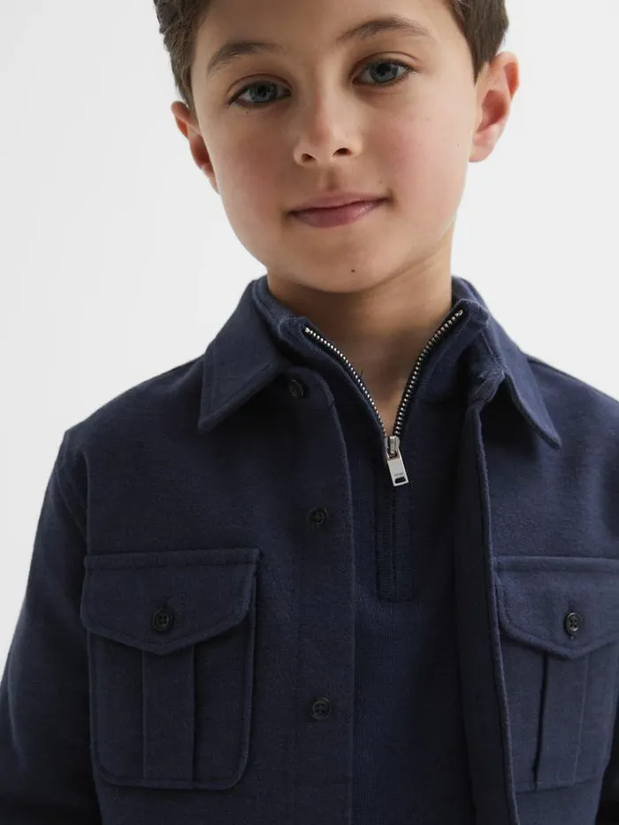 REISS Coats and Jackets Children Brushed Cotton Patch Pocket Overshirt Eclipse Blue