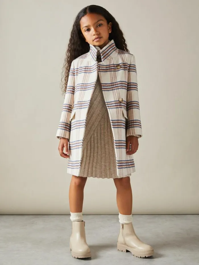 REISS Coats and Jackets Children Wool Blend Checked Asymmetric Funnel Neck Coat Brown