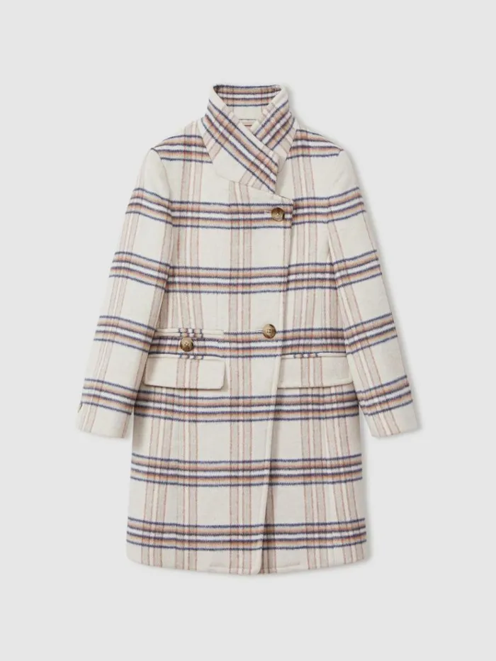 REISS Coats and Jackets Children Wool Blend Checked Asymmetric Funnel Neck Coat Brown
