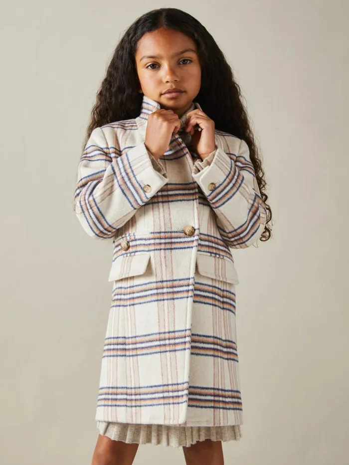 REISS Coats and Jackets Children Wool Blend Checked Asymmetric Funnel Neck Coat Brown