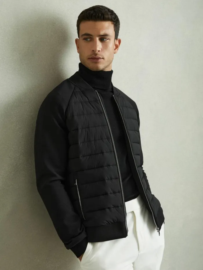 REISS Coats and Jackets Men Hybrid Quilt RaglanSleeve Bomber Jacket Black