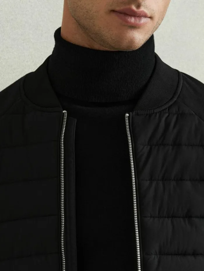 REISS Coats and Jackets Men Hybrid Quilt RaglanSleeve Bomber Jacket Black