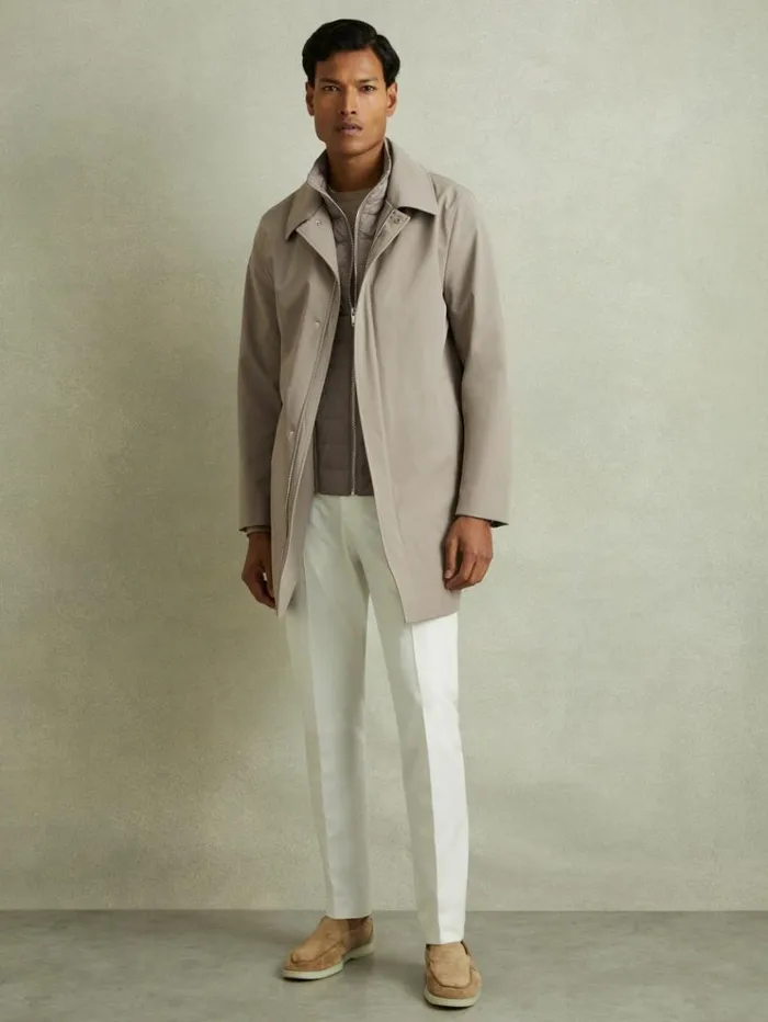 REISS Coats and Jackets Men Hybrid Removable Funnel Neck Overcoat Taupe