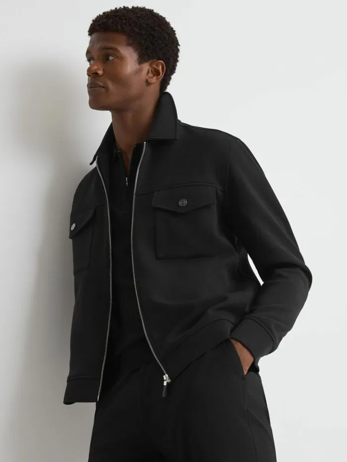 REISS Coats and Jackets Men Interlock Jersey ZipThrough Jacket Black