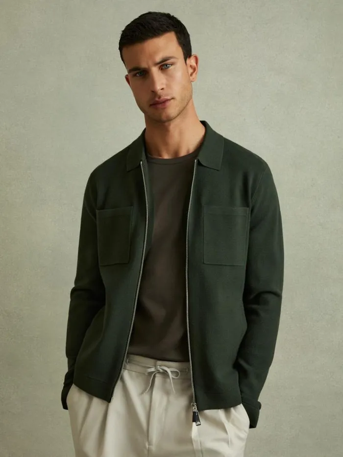 REISS Coats and Jackets Men Knitted Zip Through Jacket Dark Green