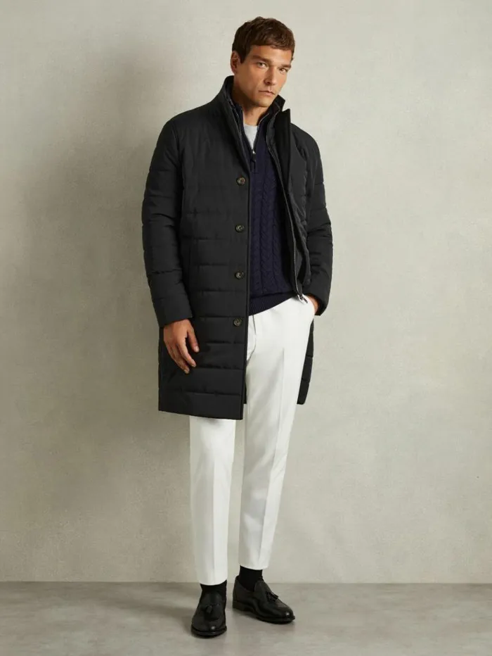 REISS Coats and Jackets Men Longline QuiltedShell Coat With Inner Gilet Navy