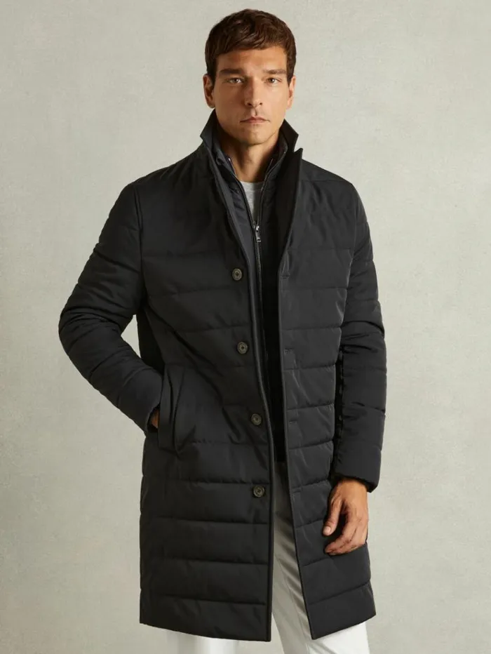 REISS Coats and Jackets Men Longline QuiltedShell Coat With Inner Gilet Navy