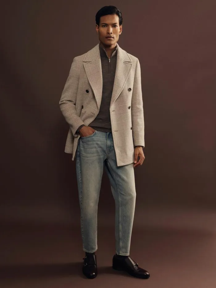 REISS Coats and Jackets Men Wool Blend Double Breasted Peacoat Oatmeal Check